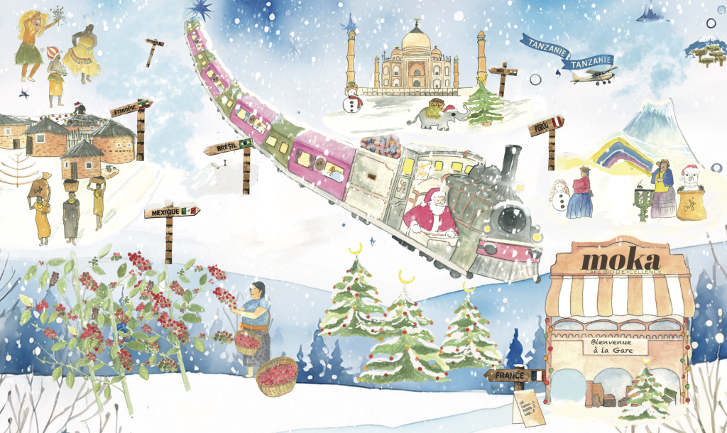 llustration d’un calendrier de l’Avent représentant un village enneigé, des maisons décorées pour Noël, des personnages en hiver et une ambiance festive hivernale.