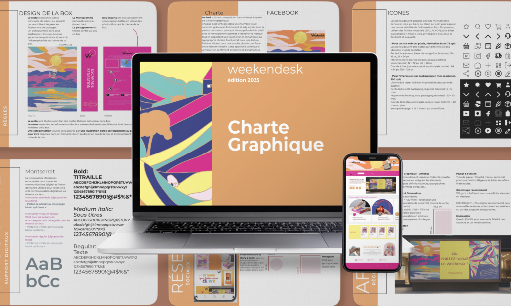 Maquette de charte graphique WeekenDesk présentée sur un ordinateur portable, une tablette et un smartphone, accompagnée de pages de design et de typographies sur fond beige.