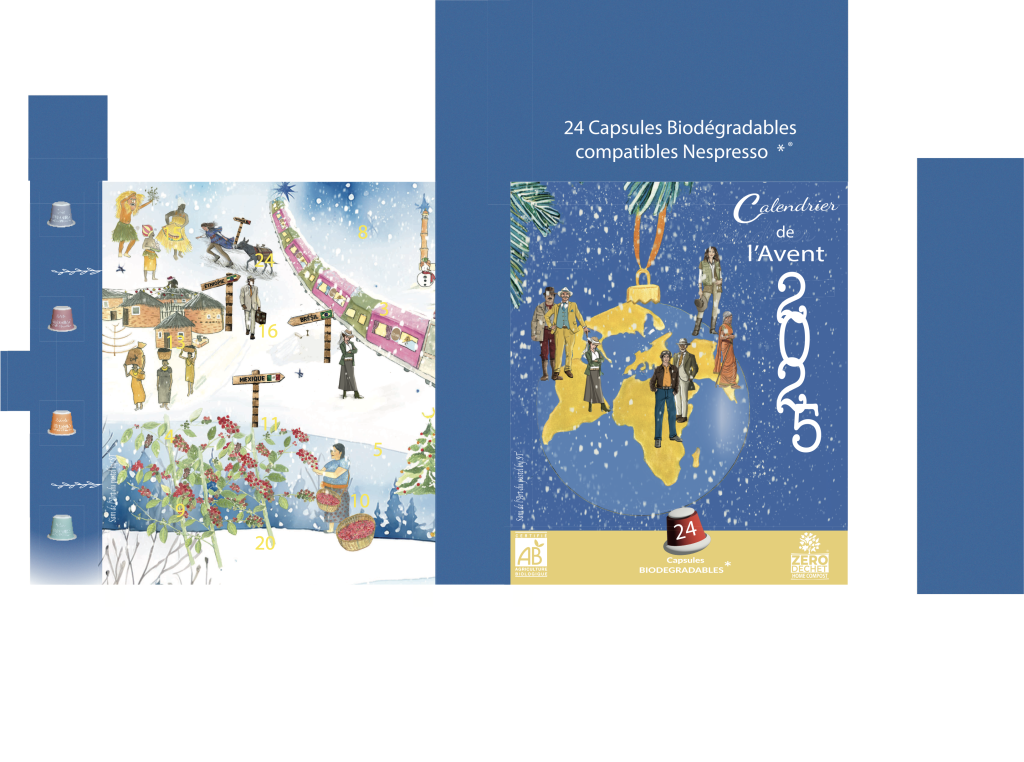 Face 2 de la Maquette du calendrier de l’Avent illustré, présentant les visuels à l’aquarelle, les capsules de café, les informations de la marque et la mise en page du packaging.