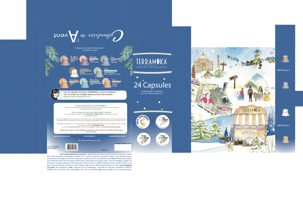Face 1 de la Maquette du calendrier de l’Avent illustré, présentant les visuels à l’aquarelle, les capsules de café, les informations de la marque et la mise en page du packaging.